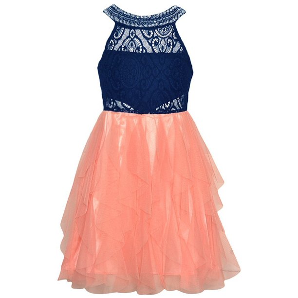 Tween Diva - Tween Diva Girls Navy Coral Lace Yoke Neck Vertical Ruffle ...