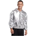thumbnail image 3 of TiaoBug Men's Holographic Hoodie Long Sleeve Shiny Metallic Bomber Jacket Hooded Zip-up Outerwear Coat Silver L, 3 of 6