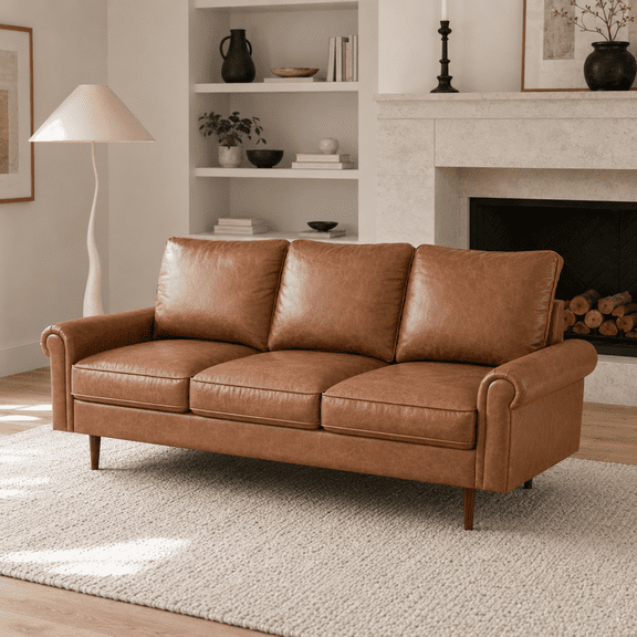 Koby Home Faux Leather Sofa with Round Armrest, Mid-Century 74" 3 Seater Couches Camel Brown
