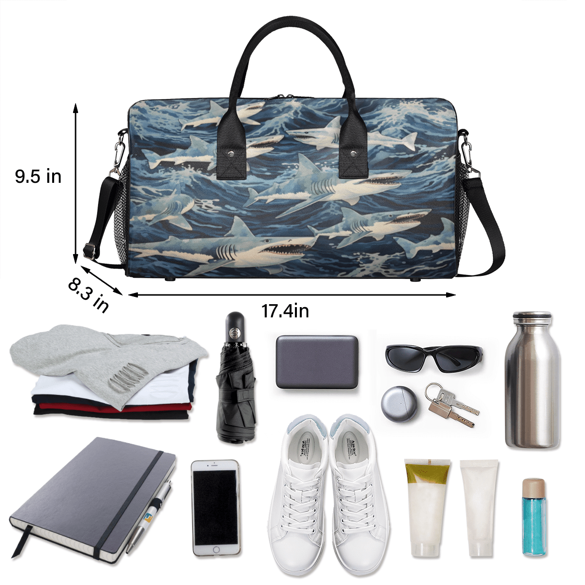 Herdesigns Ocean Sharks Gym Duffle Bag for Men Women, Travel Sports Bag Waterproof Lightweight Weekend Carry On Tote