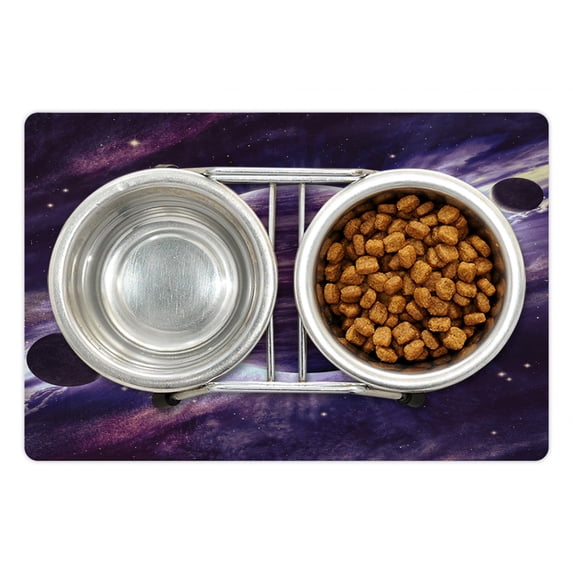Galaxy Pet Mat for Food and Water, Outer Space Theme Planets Saturn Mars Neptune Science Fiction Solar Scene Artprint, Non-Slip Rubber Mat for Dogs and Cats, 18" X 12", by Ambesonne