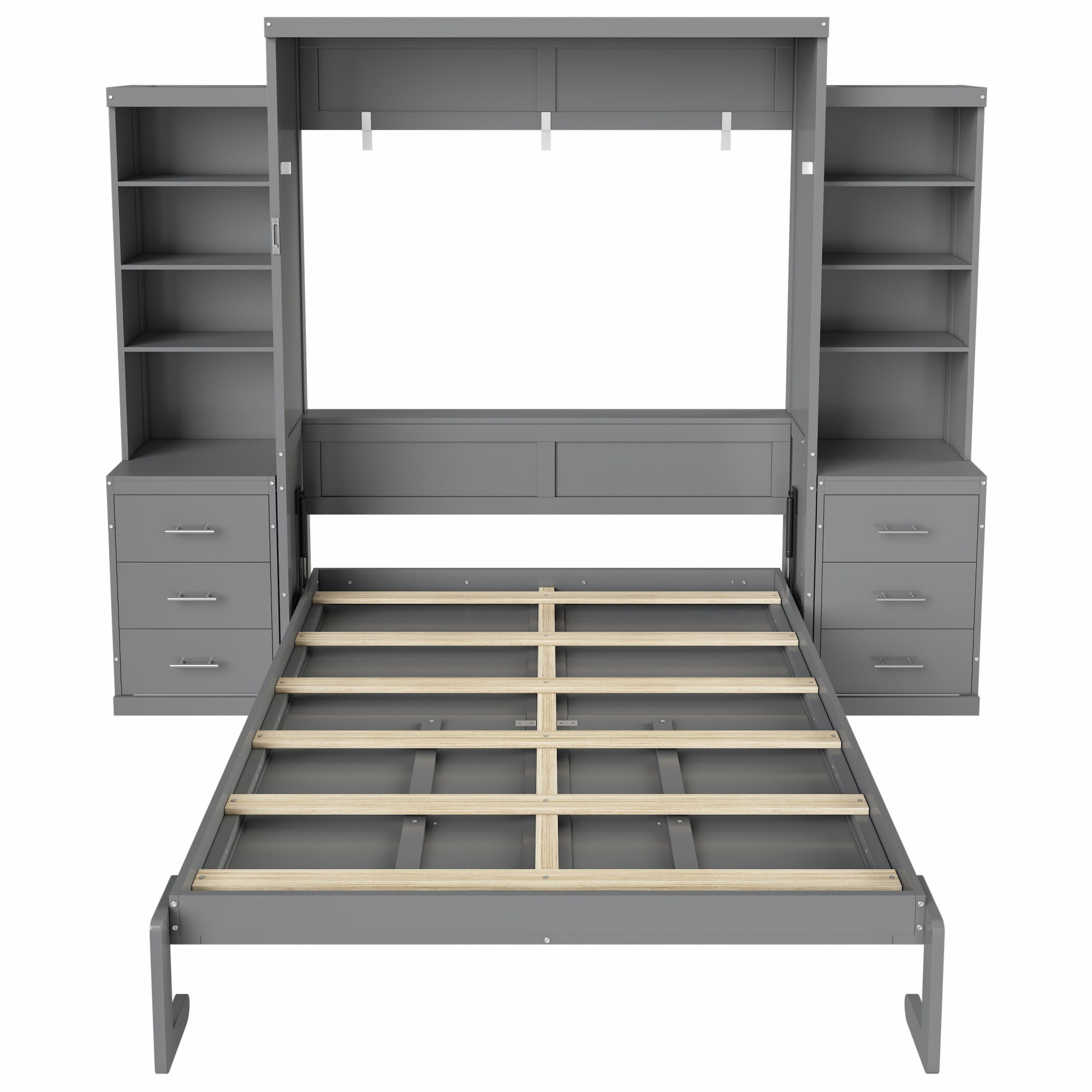 Full Size Murphy Bed with Dual 4 Storage Shelves and 3 Drawers Cabinet for Space-Saving Guest Room