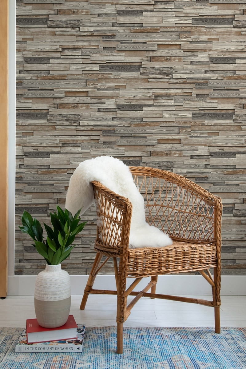 NextWall  Reclaimed Wood Plank Peel and Stick Removable Wallpaper Charcoal & Brown