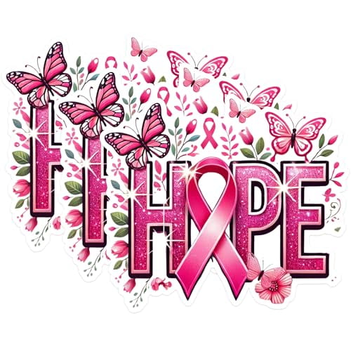 (3 Pack) Hope Ribbon Decals - Breast Cancer Awareness - Butterfly Decals - 3 Inches On Longest Side - Easy Peel & Apply - Made in USA - 3MCS1664