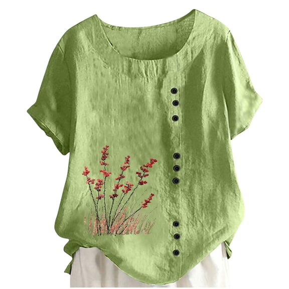 Kukoosong Women's Floral Print Button Detail Crop Top Short Sleeve Crew Neck Casual Fashion T-Shirt for Spring and Summer Women's T-Shirts