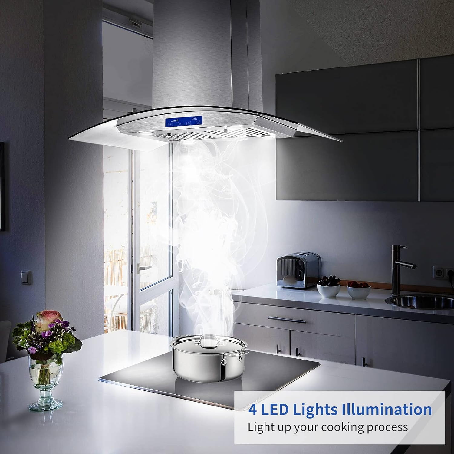 Island Range Hood 30 Inch 700 CFM Ceiling Mount Stainless Steel Kitchen Vent Hood Touch Screen Control Kitchen Exhaust Hood Ducted Ductless Convertible 3-speed Ventilation Fan