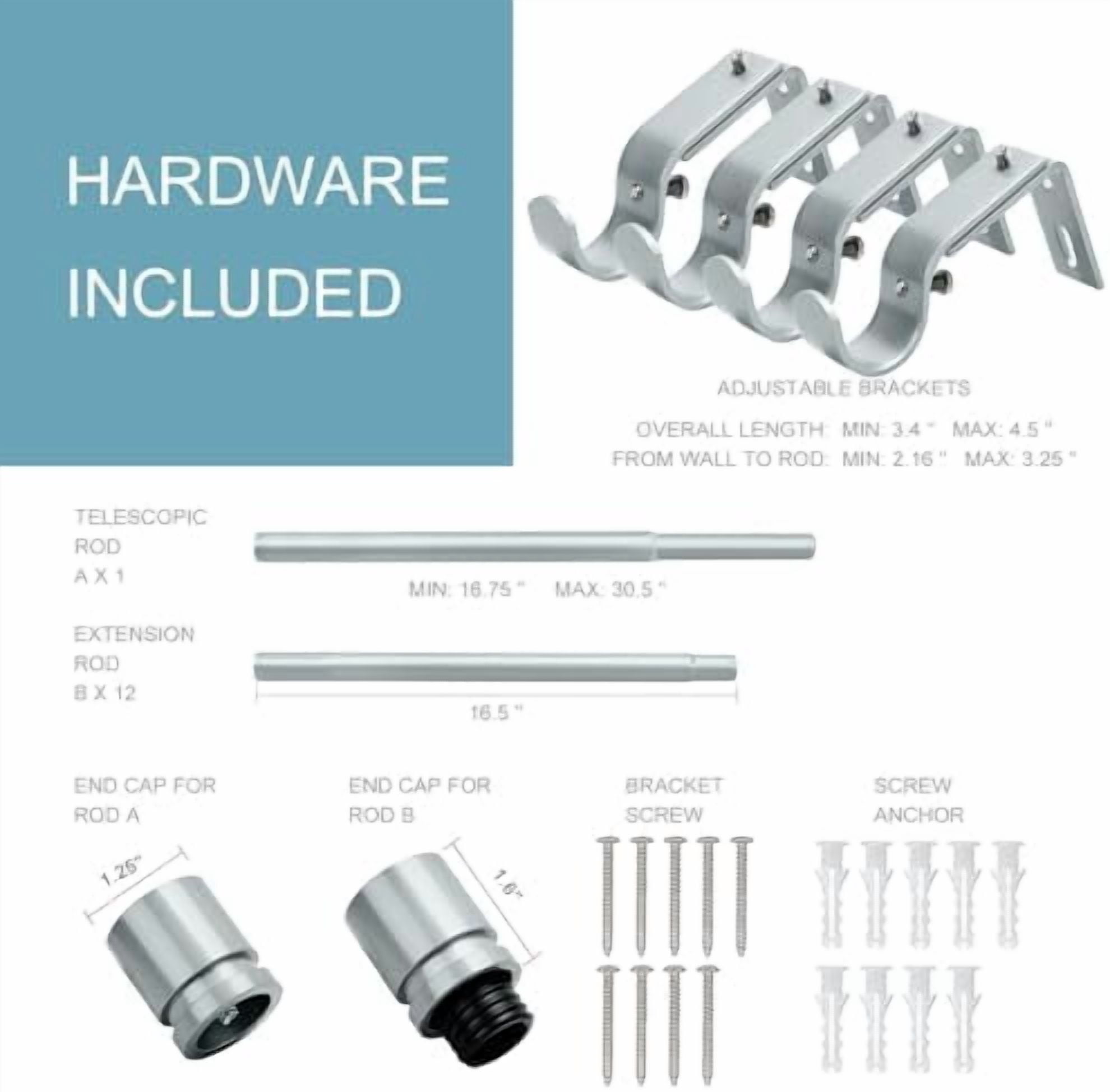 Curtain Rods for Windows 16 to 200 Inches Adjustable Length 1 Inch Diameter Window Curtain Rod with Aluminium End Cap, Silver Gray