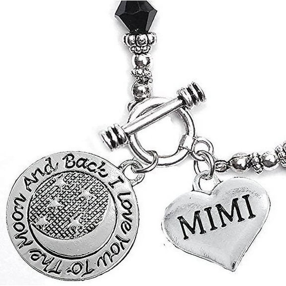 Mimi, I Love You To The Moon And Back Jet Crystal Charm Bracelet, Hypoallergenic, Safe, Nickel, Lead, & Cadmium Free.