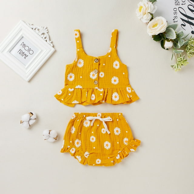goowrom Girl?s Daisy Flower Printed Clothes Suit, Sleeveless Ruffled Hem Tank Tops with Triangle Shorts