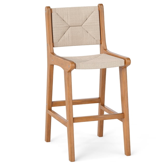 Gymax Outdoor Counter Height Bar Stool w/Teak Wood Frame Back & Footrest for Balcony