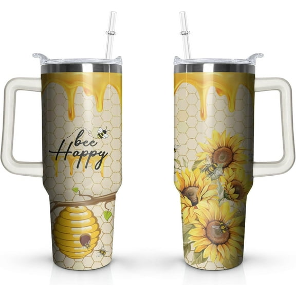 40oz Sunflower Tumbler with Handle and Straw Bee Insulated Cup with Leakproof Lid Coffee Mug Travel Drinking Cups Birthday Gifts for Men Women