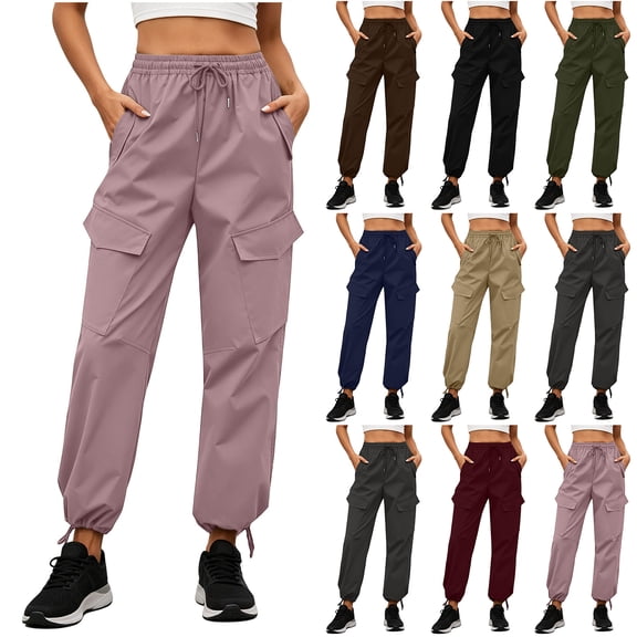 Bloomae Womens Parachute Cargo Pants with Multi-Pockets Quick Dry Hiking Pants Lightweight Drawstring Elastic High Waist Baggy Joggers