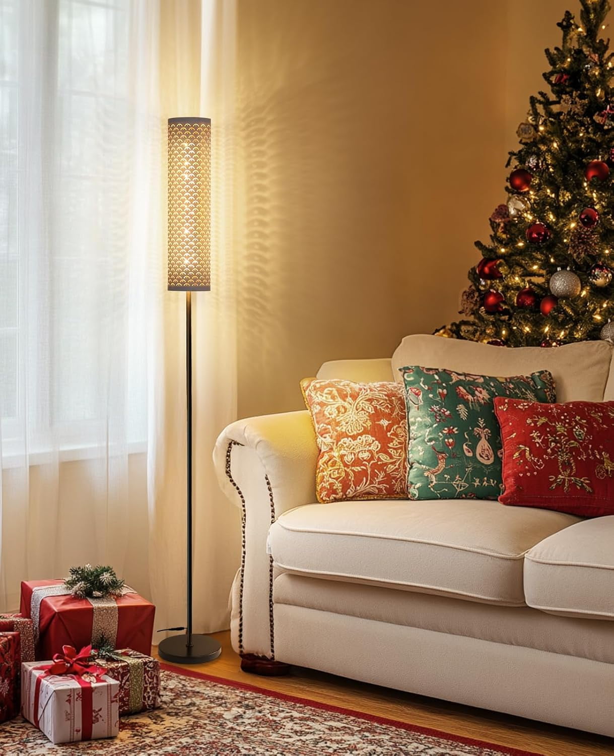 Industrial Modern Floor Lamps for Living Room, Dimmable Standing Tall Lamps Remote Control Custom Color Temperature & Brightness Lamp with Fabric Lampshade, Tall Lamps for Bedroom Office, White
