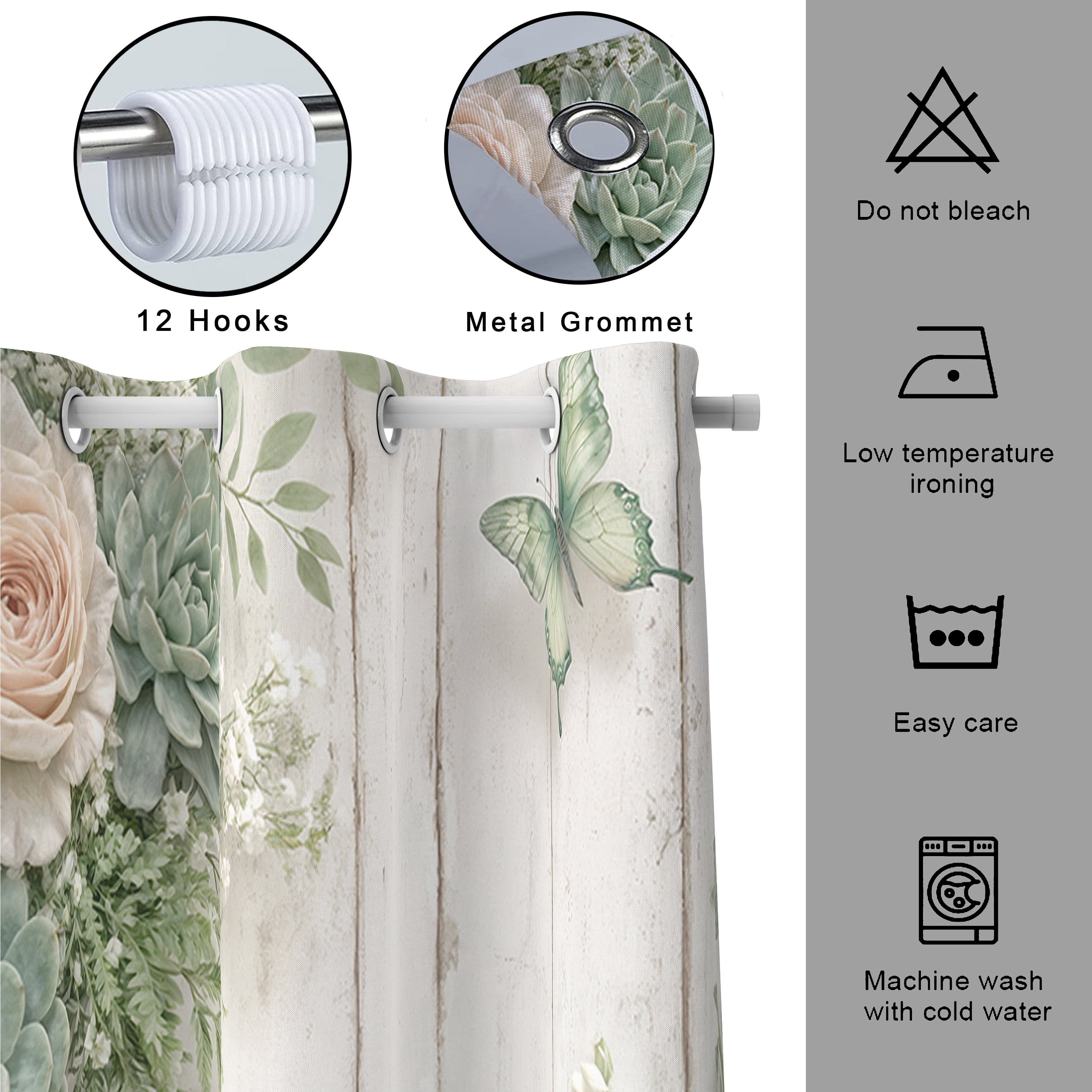 Sage Green Floral Shower Curtain - Farmhouse Rustic Rose Butterfly Bathroom Curtain Boho Botanical Waterproof Fabric Set with 12 Hooks,47X64in