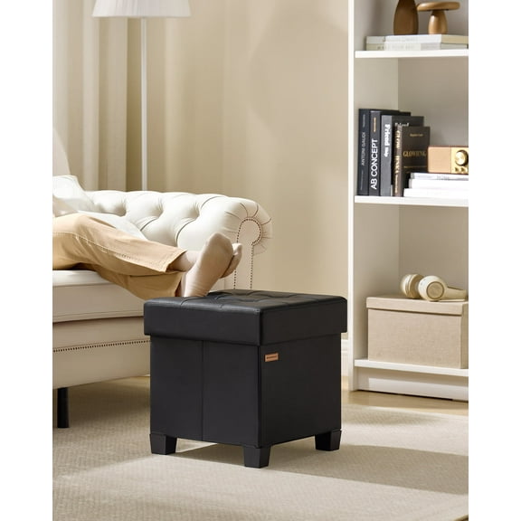 SONGMICS 15x15x15.7-Inch Cube Storage Ottoman with Legs. 10 Gal (37 L) Capacity. Synthetic Leather Footstool/Footrest.Ink Black