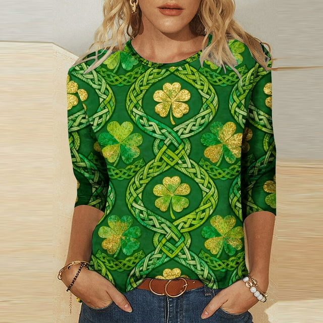 Xuyuer St Patricks Day Shirt Women Irish Shamrock 3/4 Sleeve Tshirts St Paddys Day Tee Tops St. Patrick's Day T-Shirts Crew Neck Spring Graphic Tee Tops Fashion Casual Pullover T-Shirt Top