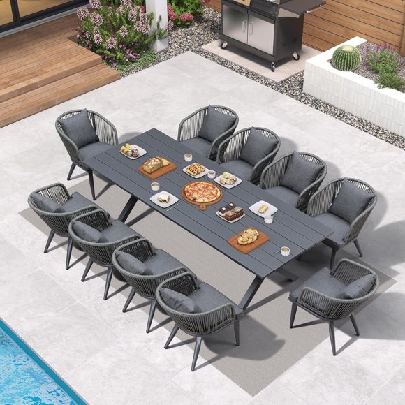 PURPLE LEAF 11 Pieces Patio Dining Set, Rectangular Aluminum Outdoor Table and 10 Wicker Chairs with Cushions for Garden Kitchen and Porch, Grey