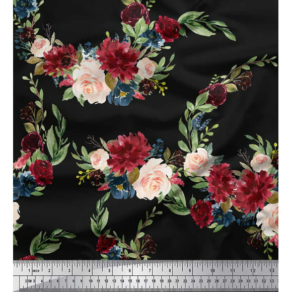 Soimoi Black Poly Georgette Fabric Ranunculus & Penoy Floral Print Decor Fabric Printed By the Yard 52 Inch Wide