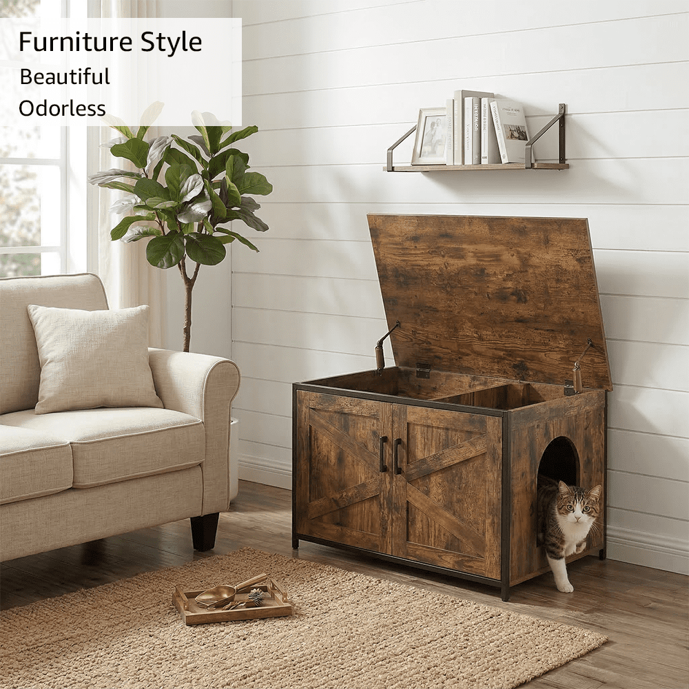 Unipaws Cat Litter Box Enclosure with Top Opening, Cat Washroom Storage Bench for Large Cat, High Jumbo Litter Box, Rustic