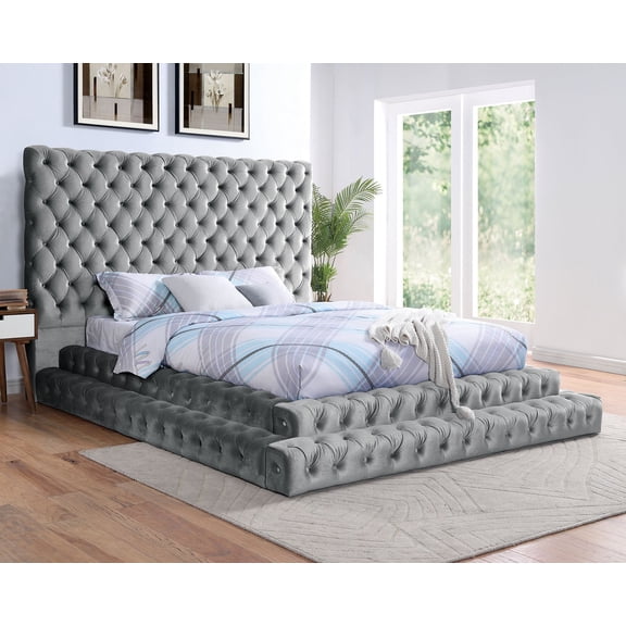 Stylish Gray Flannelette 1pc Queen Size Step Up Platform Bed, Tufted Oversized HB Bedroom Furniture