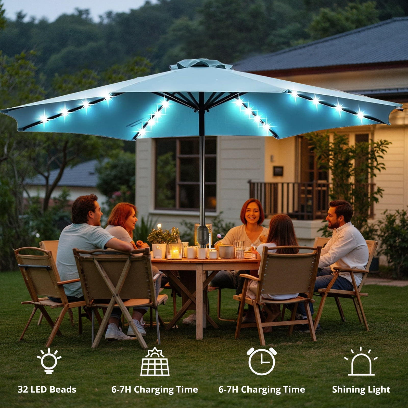 Betcozy Patio Umbrella with 32 LED Lights, 10FT Outdoor Solar Umbrellas with Push Button Tilt and Crank, 8 ribs, for Market, Beach, Pool,Garden, Deck, Blue