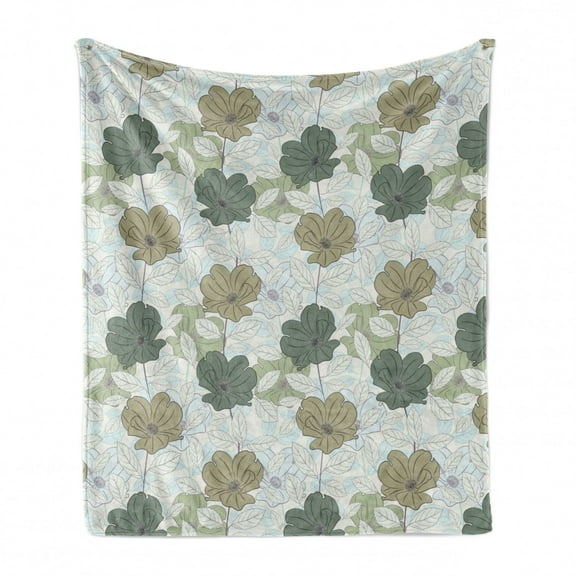 Floral Soft Flannel Fleece Throw Blanket, Demonstration of Botanical Themed Pastel Colored Roses Along Faded Leaves, Cozy Plush for Indoor and Outdoor Use, 50" x 70", White Laurel Green, by Ambesonne