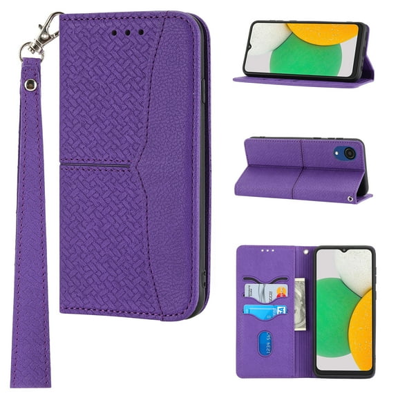 Feishell for Samsung Galaxy A03 Core Phone Case with Wrist Strap,for Women Men,Shockproof Protective Premium PU Leather Magnetic Closure Flip Kickstand Credit Card Slots Wallet Phone Case,Purple