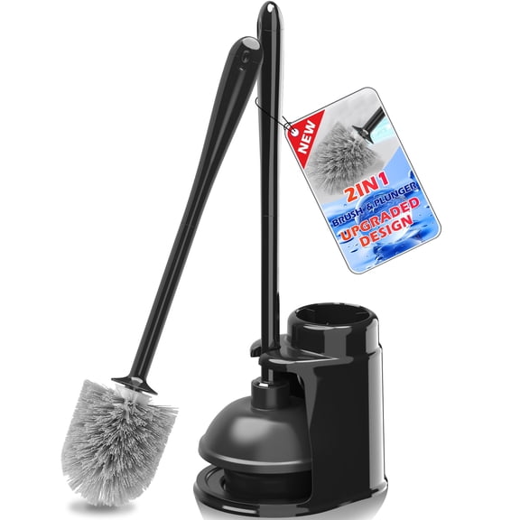 JEHONN Toilet Plunger and Brush Set Black with Holder and Hidden Tweezers