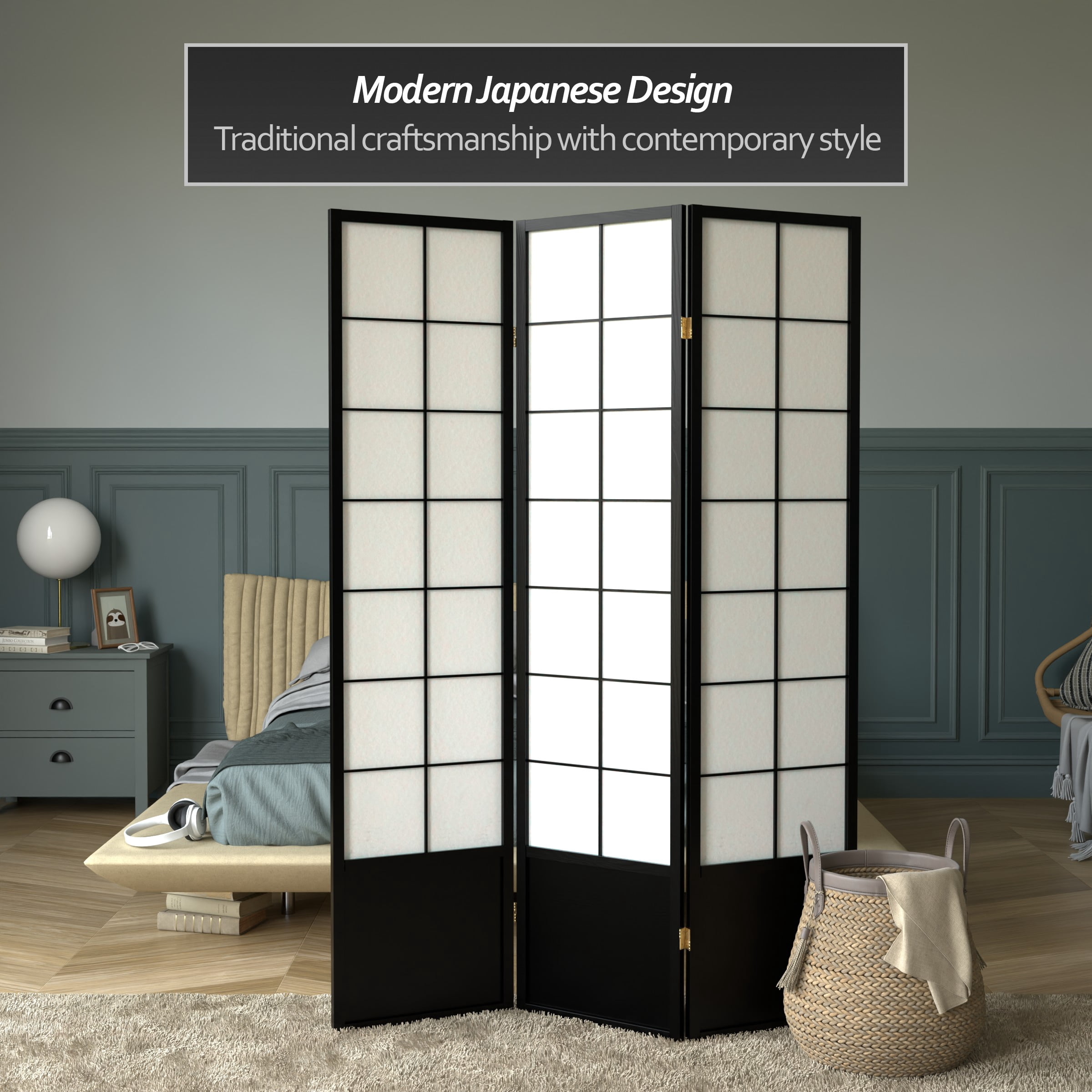 6 ft. Tall Premium Japanese Design Wide Window Pane Screen - Black - 3 Panels