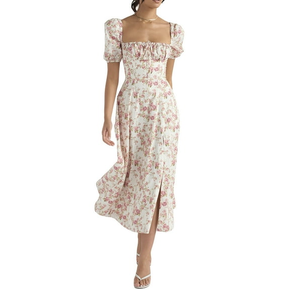 Women Cottagecore Dress Boho Floral Dress Summer Square Neck Puff Sleeve Split Vintage Beach Long Dresses