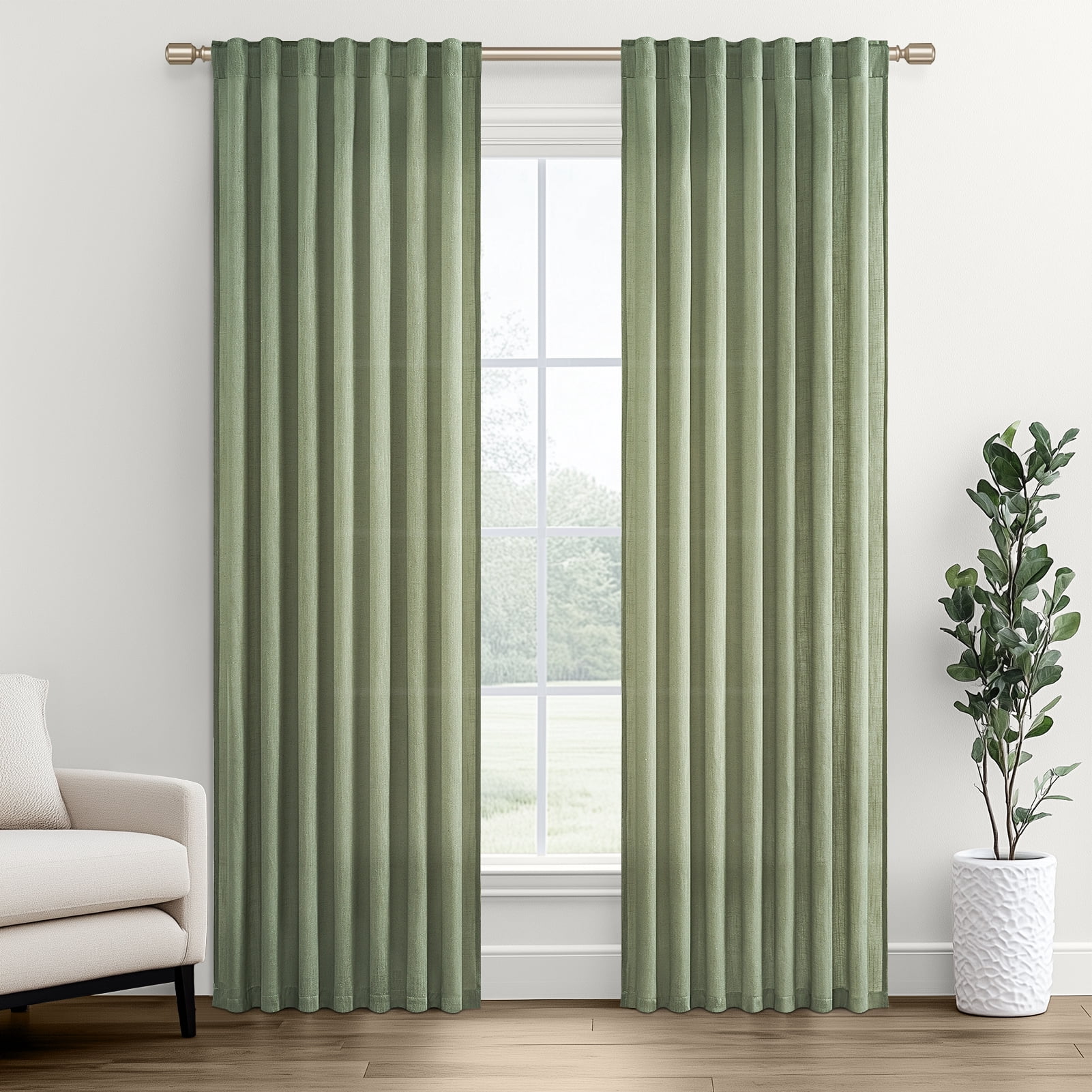 Topfinel Linen Curtains 90 Inch Long for Bedroom Living Room, Soft Linen Textured Window Drapes Semi Sheer Light Filtering Rod Pocket Back Tab Drapes,SageGreen 2 Panels