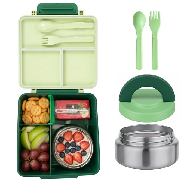 Lonchera para niño tipo omiebox incluye tarro y cubiertos, bento box c 4 compartimentos modulables de gran capacidad, lunch box con sellado hermético anti-fugas, caja de almuerzo BPA Free