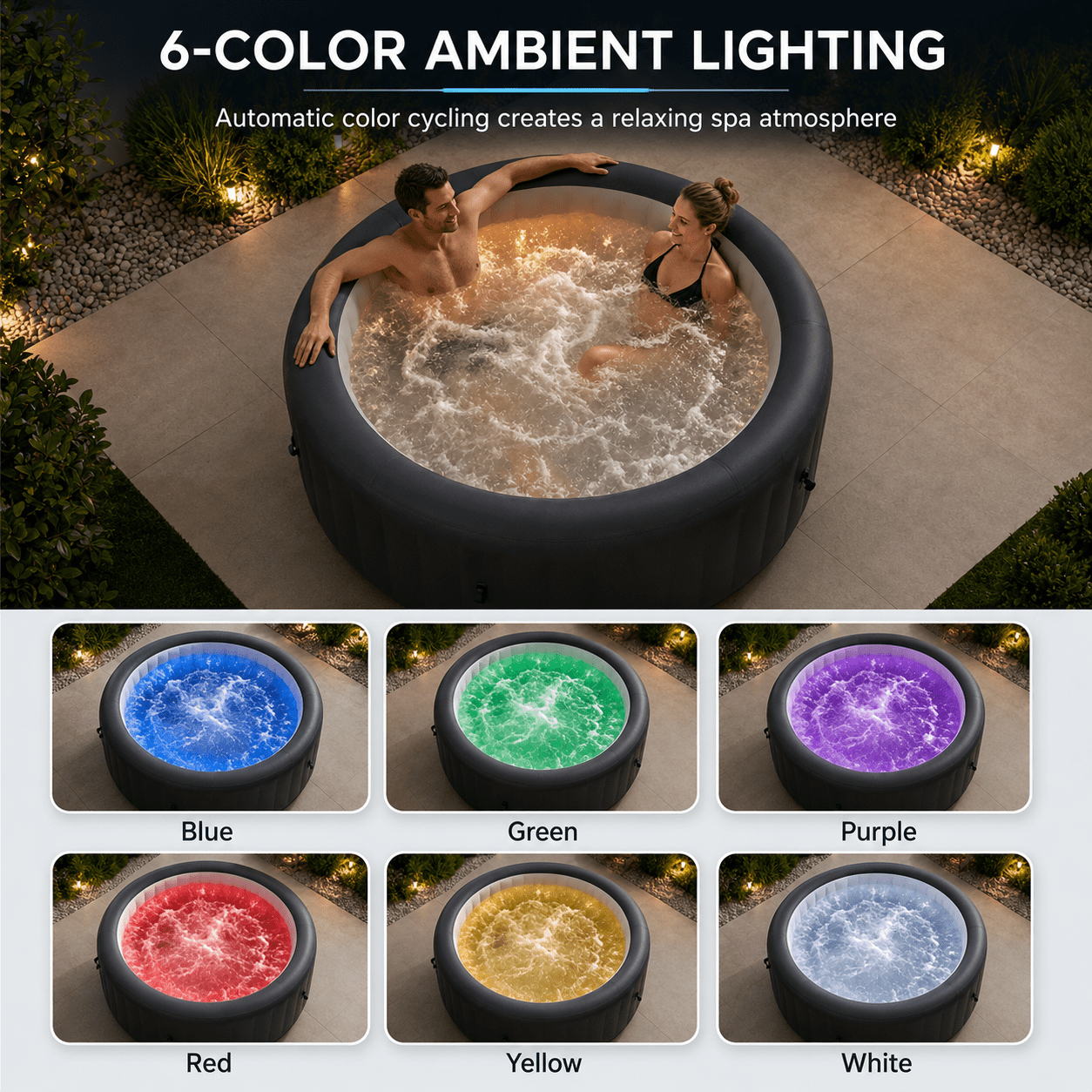 85" Inflatable Hot Tub for 4-6 Persons, Portable Outdoor Spa Tub with 150+ Air Jets, 104°F Heating, 6-Color Ambient LED Lights, Bubble Massage, One-Touch Inflation, Filter System, Cover & Floor Mat
