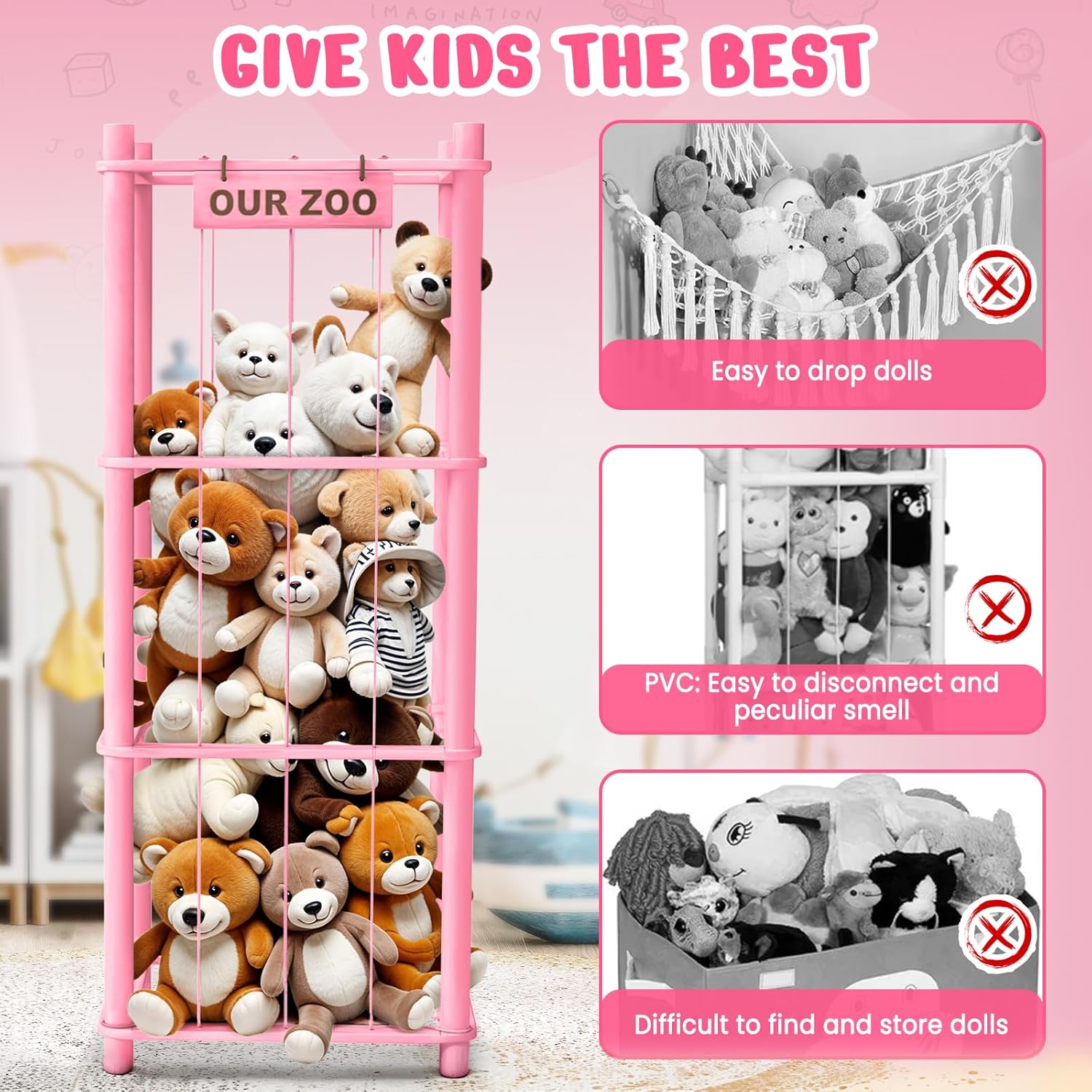Stuffed Animal Storage & Organizer, Wooden Cute Zoo Toy Holder for Toddler Rooms, Playrooms & Bedrooms（Pink）