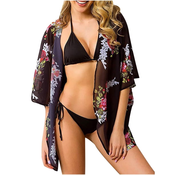 Honeeladyy - Rebajas de verano para mujer, pareo de bikini, cárdigan tipo kimono de gasa con estampado floral, traje de baño transparente, pareo de verano, ropa de playa, chal negro