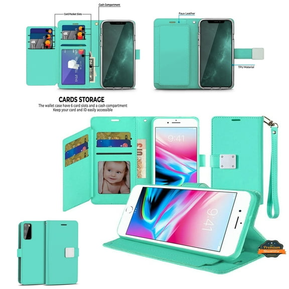 Designed for Apple iPhone 12 / 12 ProWallet Case PU Leather Credit Card ID Cash Holder Slot Dual Flip Pouch with Stand and Strap Phone Case Cover [Teal Mint]