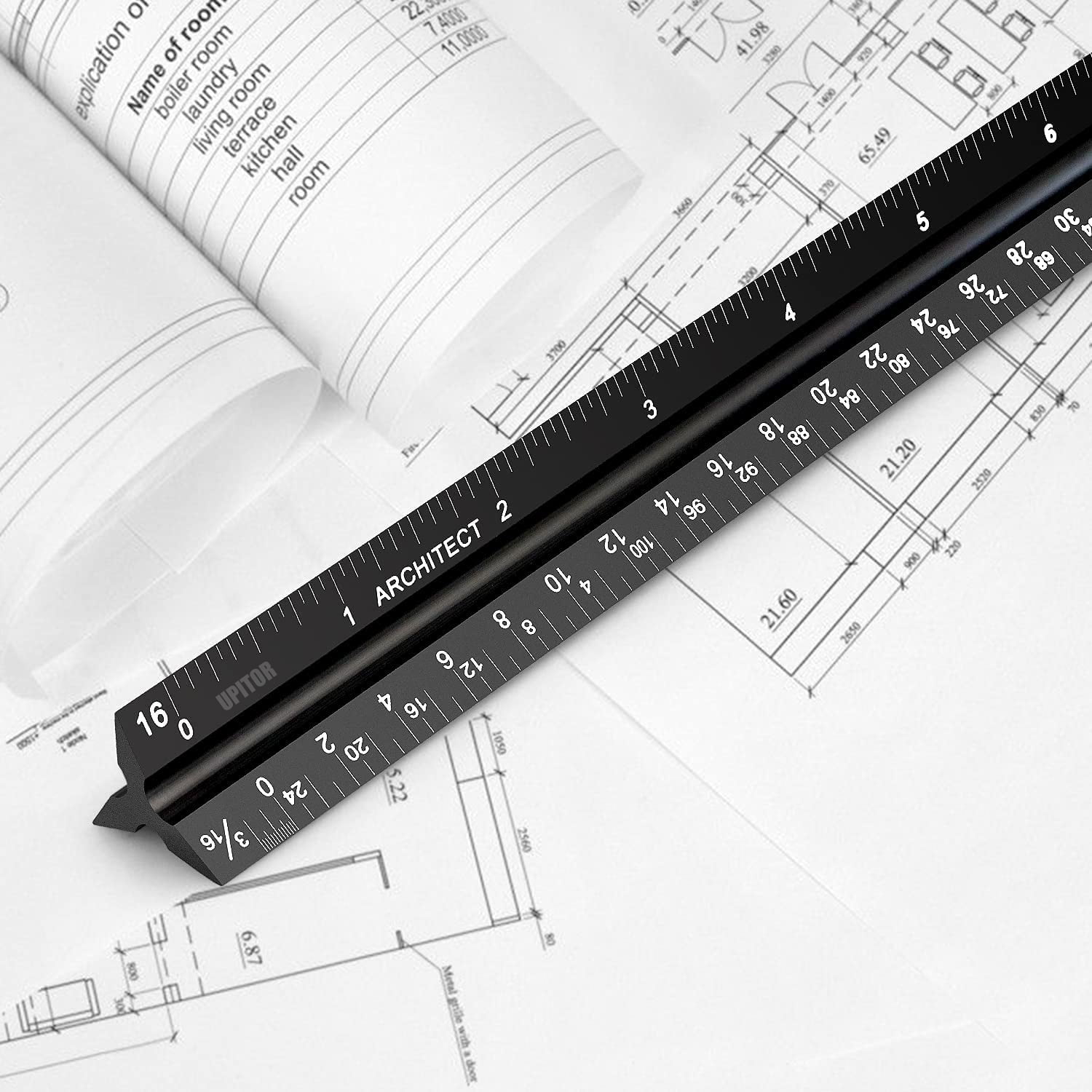 UPITOR Architectural Triangular Scale Ruler - Includes 12 inch Aluminum Architect Scale and Triangular Ruler - Suitable for Architects, Draftsmen, and Engineers Black