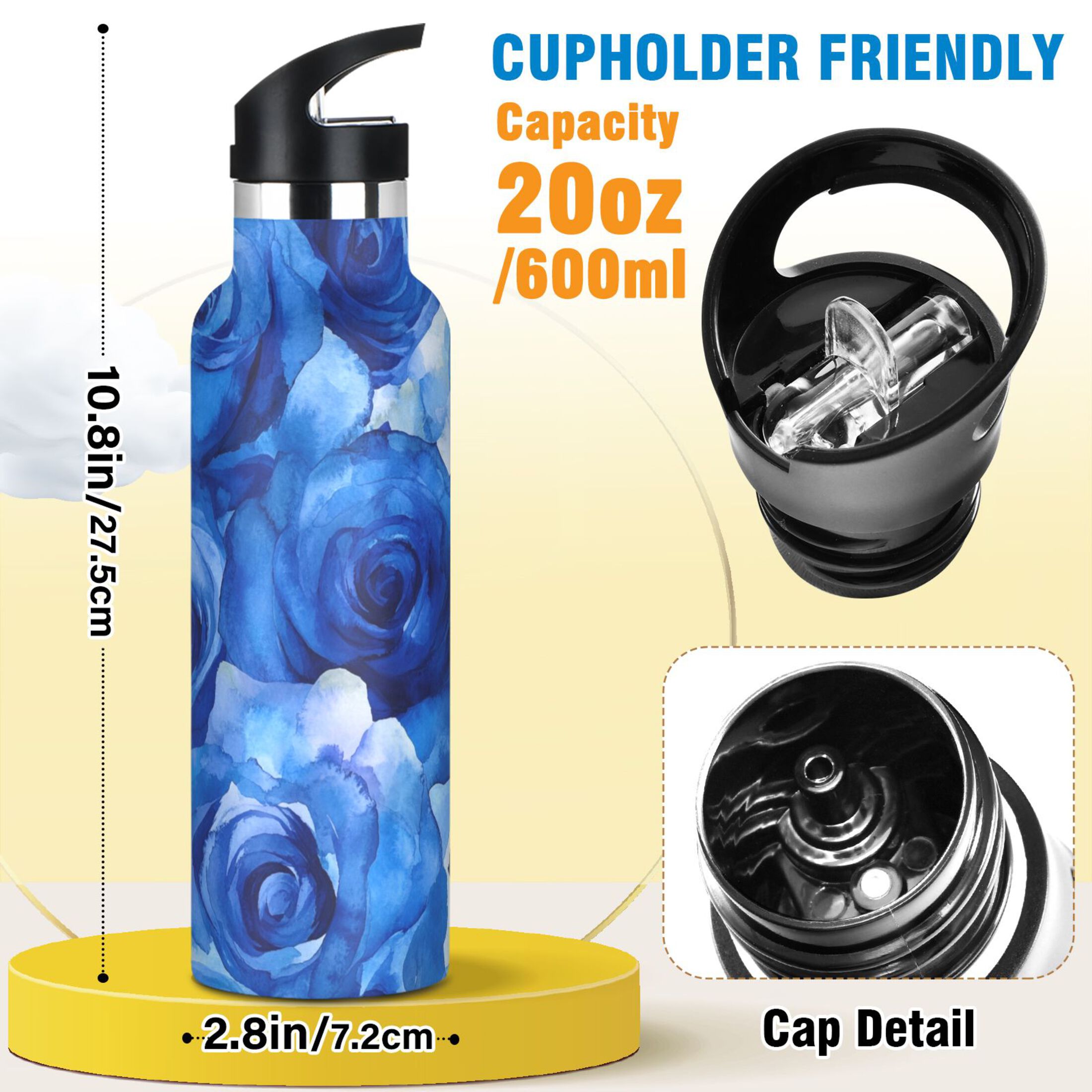 600ML Stainless Steel Insulated Cup Sports Water Bottle Portable Thermos Cup Water Glasses Insulated Tumblers Convenient and Durable Cartoon Blue Roses