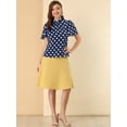 thumbnail image 2 of Blusa Corta Manga Acampanada Ojo De Cerradura En La Espalda Plisado Cuello Alto Lunares Allegra K Azul Marino XL, 2 of 6