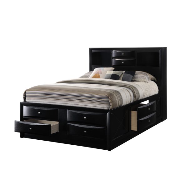 Contemporary Queen Bed With Bookcase Headboard And Ample Storage Facilities, Black Finish Wood Piece Selections,