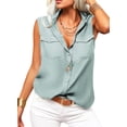 thumbnail image 3 of Sleeveless Women Solid Color Laple Button Down Casual Blouse Camisole With Pocket, 3 of 5