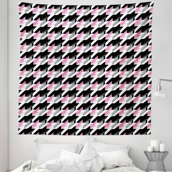 Geometric Tapestry, Diagonal Repeated Striped Classic Houndstooth Motifs Modern Digital Art, Fabric Wall Hanging Decor for Bedroom Living Room Dorm, 5 Sizes, Black Pink White, by Ambesonne