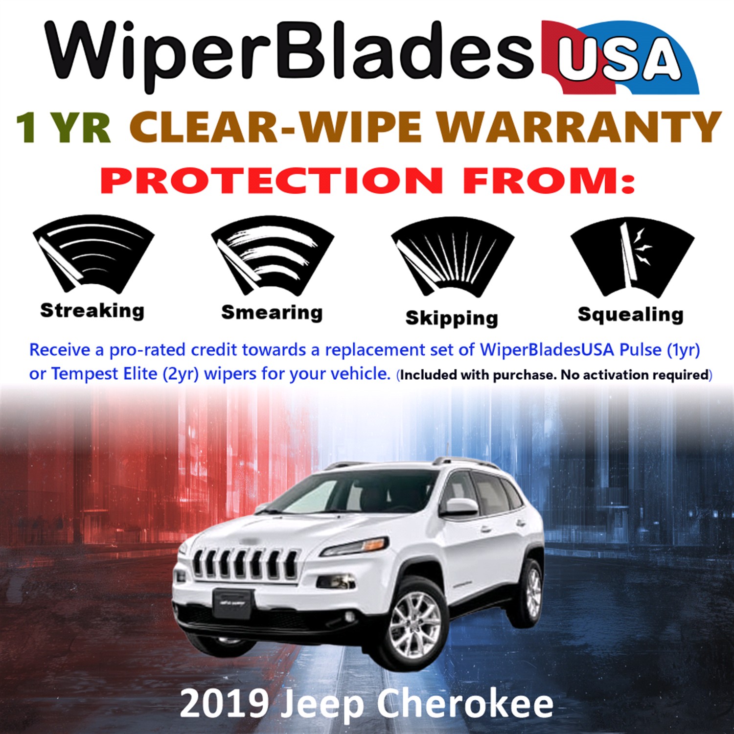 2019 Jeep Cherokee Beam Wiper Blades Wipers w/1yr Warranty (Set of 3) w/Rear Wiper (WiperBladesUSA)