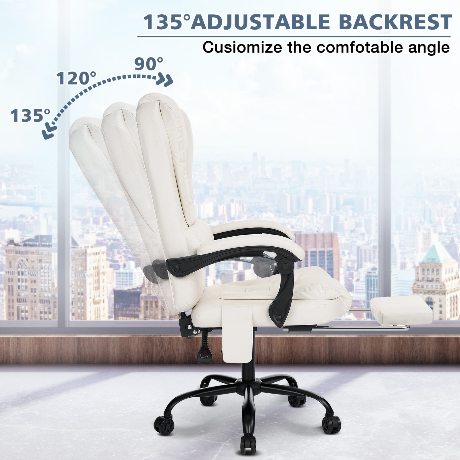 Hoffree Executive Office Chair Massage and Footrest Ergonomic Computer Desk Chair Reclining High Back Leather Office Chair Lumbar Back Support Swivel Rolling for Home Office Beige