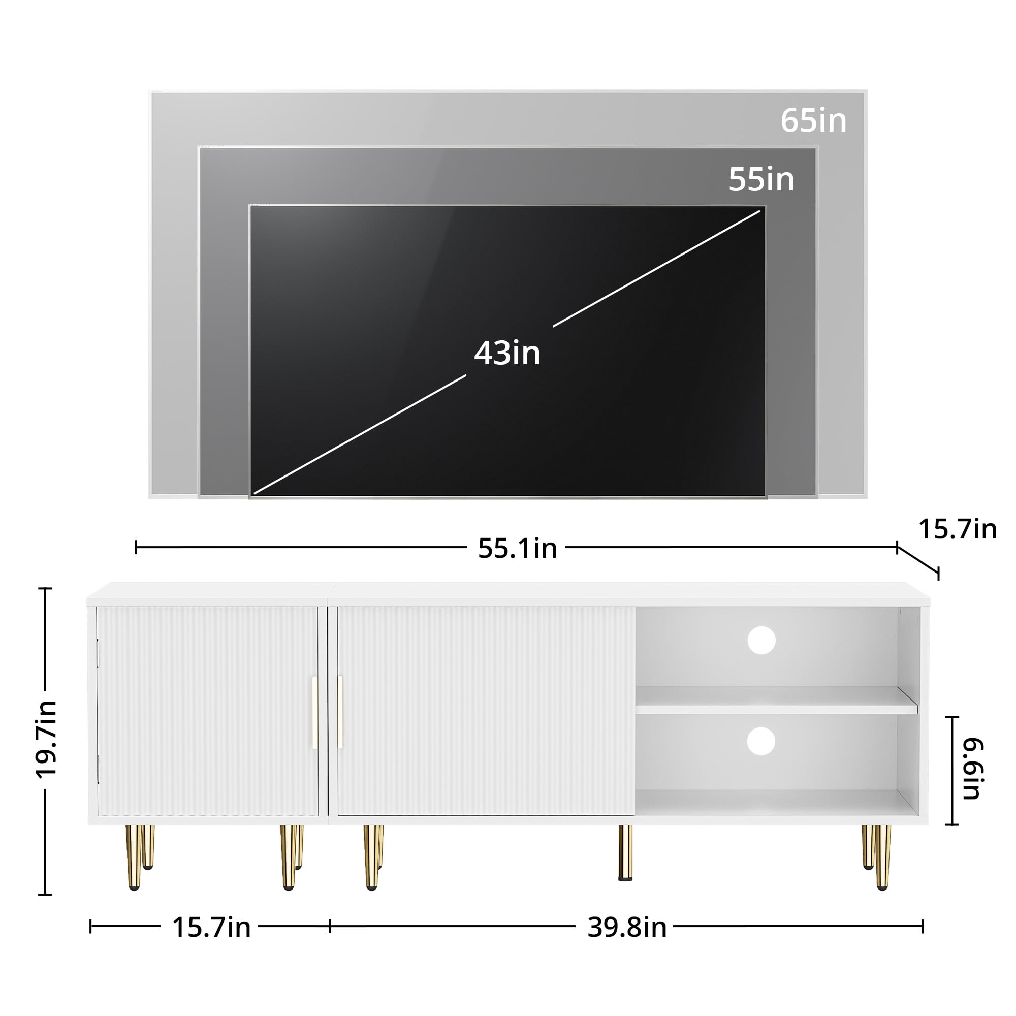 Combined Modern TV Stand For 55/60/65Inch TV,Small Entertainment Center With Adjustable Shelf,TV Media Stand With Storage Cabinet, TV Console With Gold Legs For Living Room,Bedroom,White