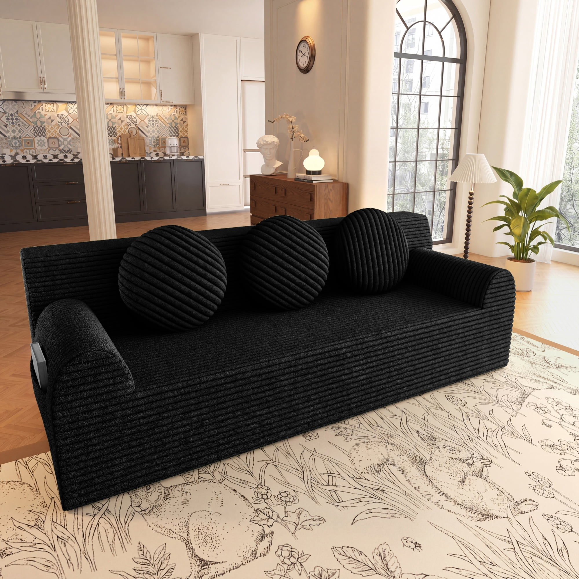 HOQBN Boneless Sofa Couch for Living Room,71" 3 Seater Sofa with Deep Seat Design and 3 Round Pillows,Comfy Corduroy Fabric Loveseat Couch,No Assembly,Black