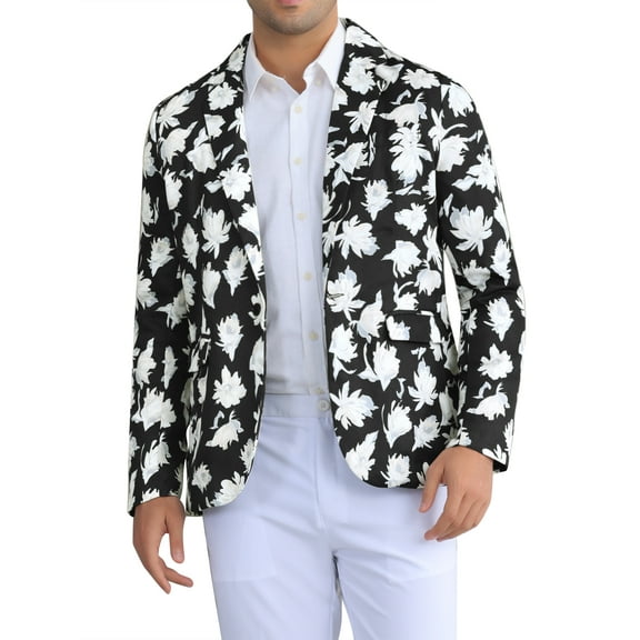 INSPIRE CHIC Men's Suit Jacket Floral Print Notched Lapel Casual One Button Blazer 42 Black White