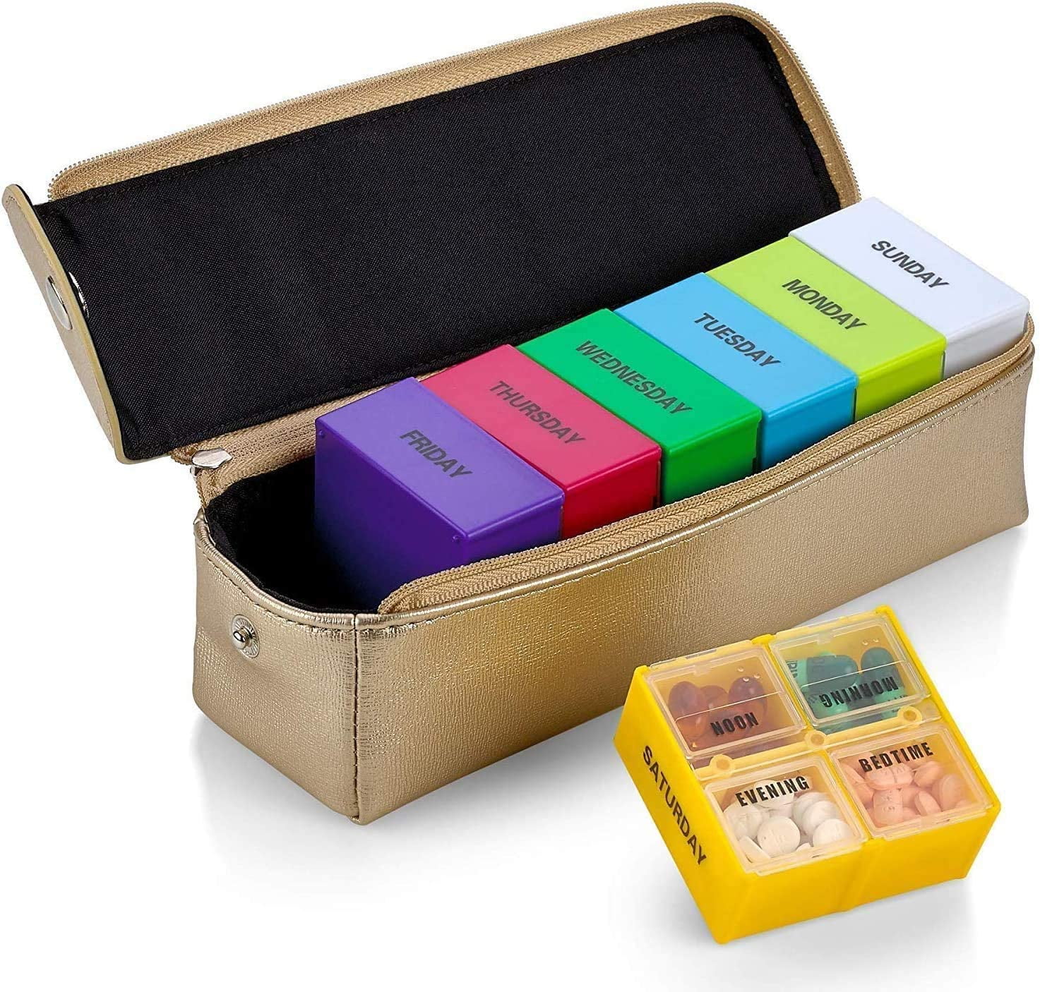 Large 7 Day Pill Planner Organizers Boxes Gold Leather Case -2 Pack by MEDca