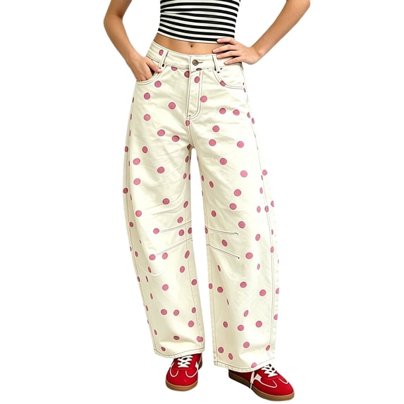 Stralyhd Wide Leg Jeans for Women Polka Dots Low Rise Denim Pants Spring Summer Casual Jean Loose Fit Beach Barrel Boyfriend Pants Pink L