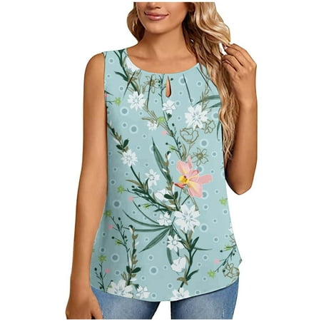 

Blouses for Women Fashion 2023 Fashion Women Causal Round Neck Printing Blouse Sleeveless Elegant T-Shirt Summer Tank Tops Casual Blouses for Women Dressy Casual Light Blue XL